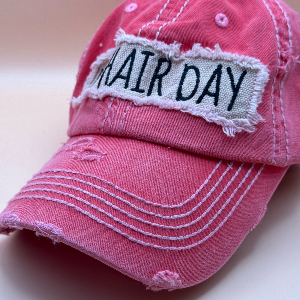 Pink Distressed Cap with 'Bad Hair Day' Patch